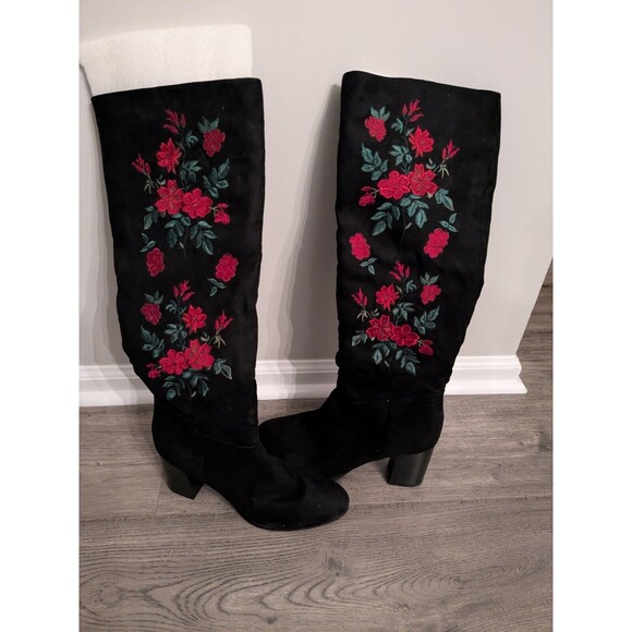 Libby Edelman Boots Sz 11 Boho Embroidery Black Red Festive Tall FlowerChild Y2K - Picture 1 of 13